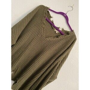 Wonderly Curvy 2X Thrashed Grunge V-Neck Sweater, Green, Boho Whimsigoth C